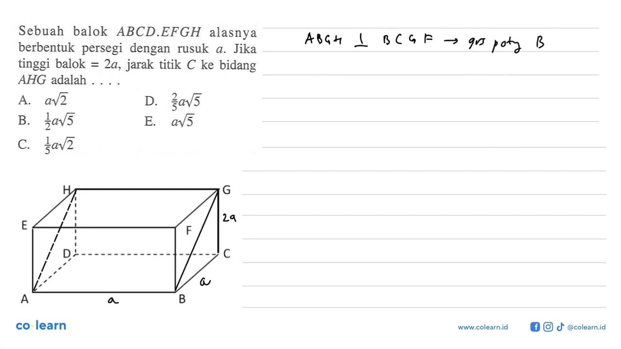 Sebuah balok ABCD.EFGH alasnya berbentuk persegi dengan