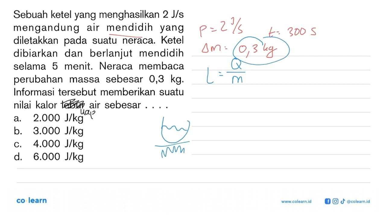 Sebuah ketel yang menghasilkan 2 J/s mengandung air