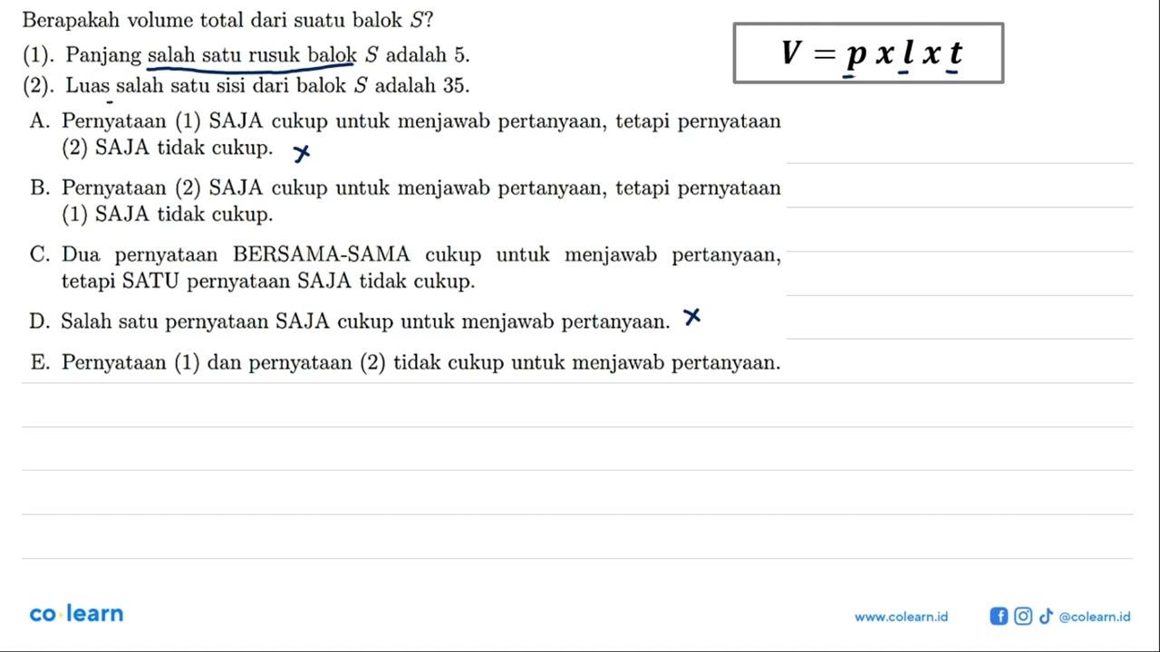 Berapakah volume total dari suatu balok S ?(1). Panjang