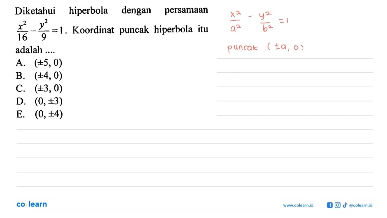 Diketahui hiperbola dengan persamaan x^2/16-y^2/9=1.