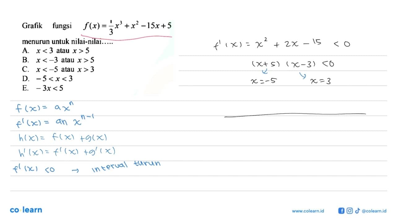 Grafik fungsi f(x)=1/3 x^3+x^2-15x+5 menurun untuk