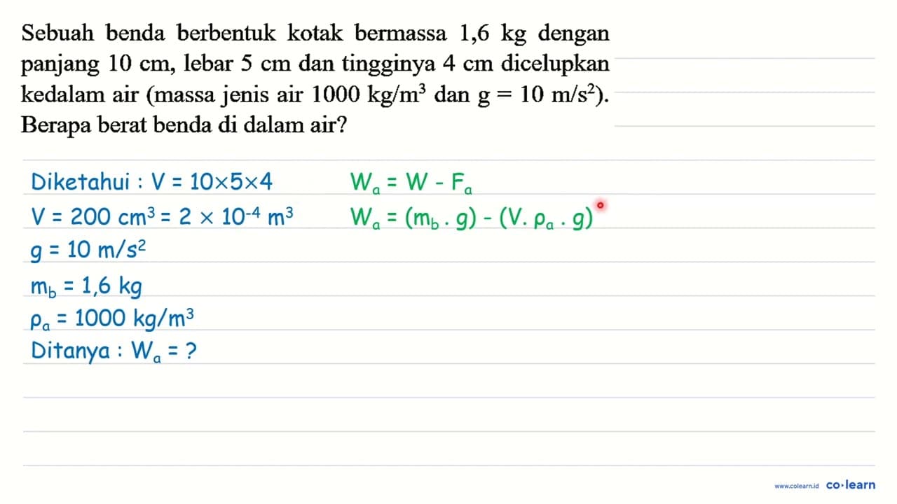 Sebuah benda berbentuk kotak bermassa 1,6 kg dengan panjang