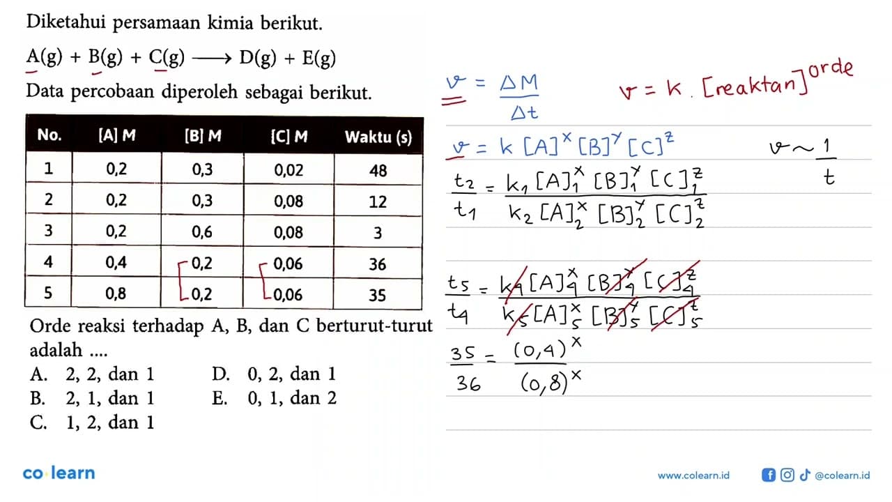 Diketahui persamaan kimia berikut. A(g) + B(g) + C(g) ->