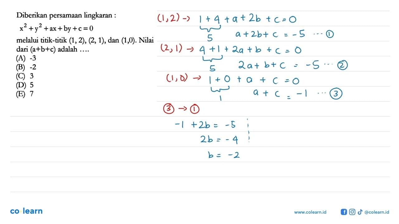 Diberikan persamaan lingkaran : x^2+y^2+ax+by+c=0 melalui