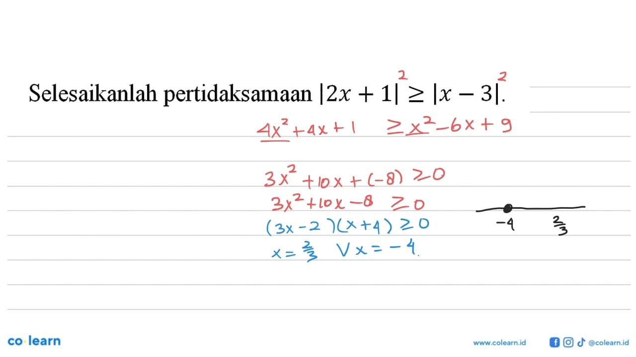 Selesaikanlah pertidaksamaan |2x+1|>=|x-3|.