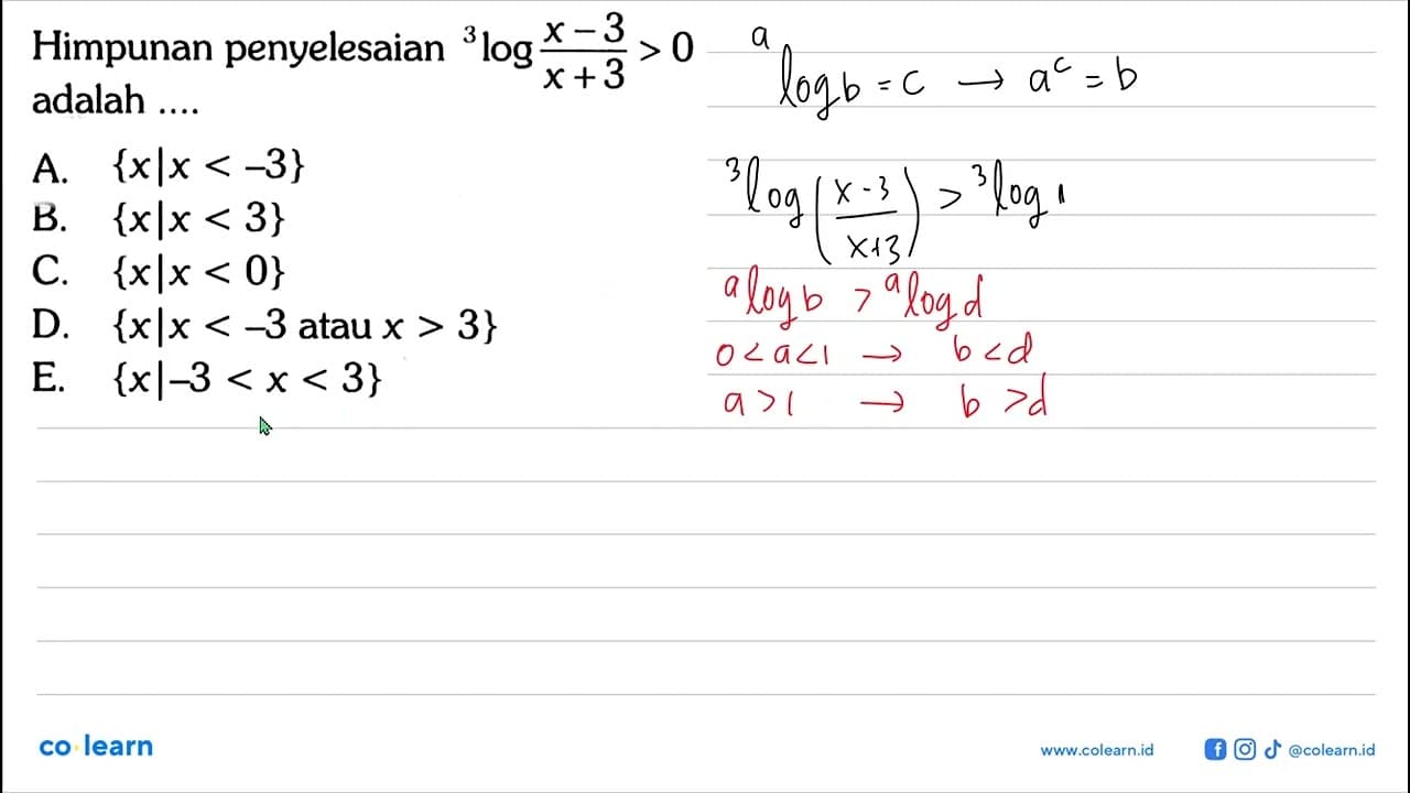 Himpunan penyelesaian 3log((x-3)/(x+3))>0 adalah....