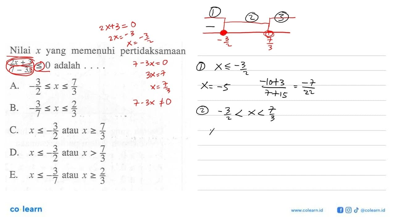 Nilai x yang memenuhi pertidaksamaan ((2x+3)/(7-3x))<=0