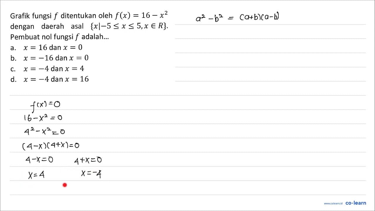 Grafik fungsi f ditentukan oleh f(x)=16-x^(2) dengan daerah