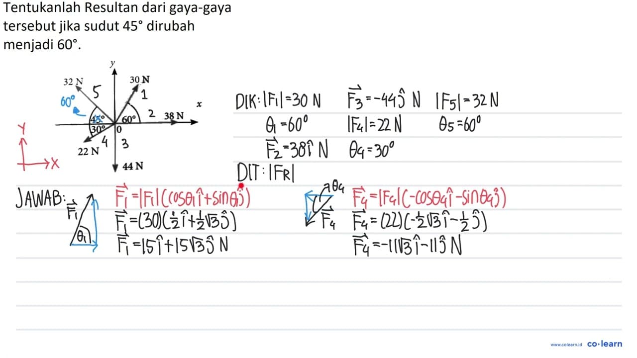 Tentukanlah Resultan dari gaya-gaya tersebut jika sudut 45