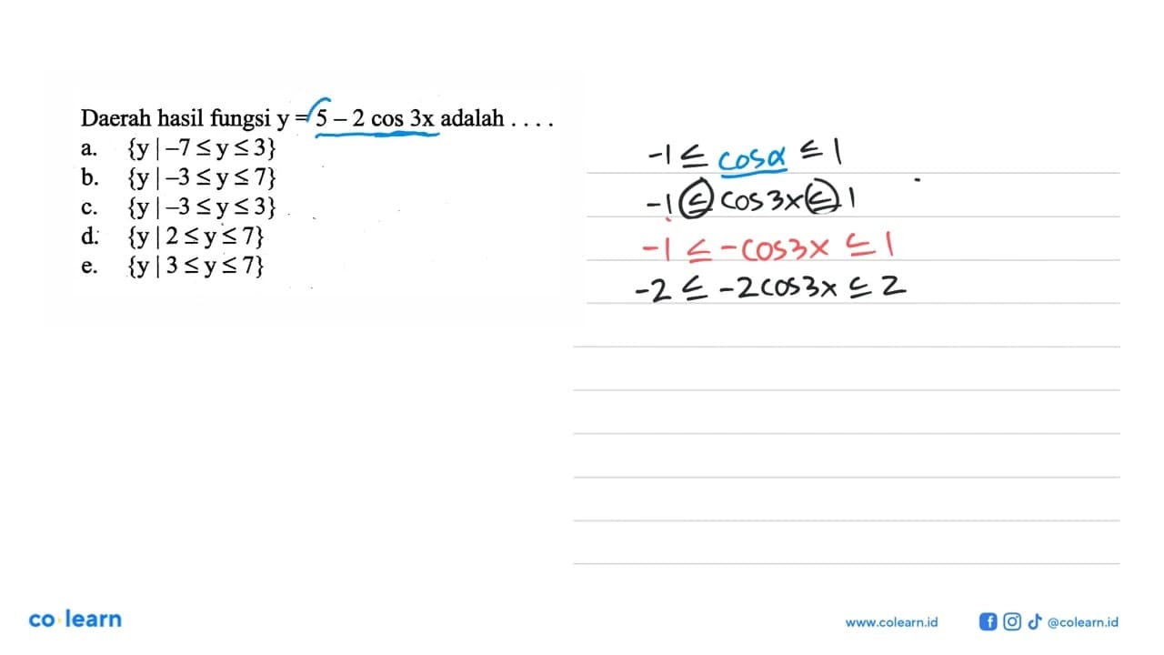 Daerah hasil fungsi y=5-2 cos 3x adalah....