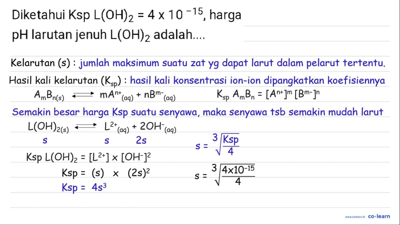 Diketahui Ksp L(OH)_(2)=4 x 10^(-15) , harga pH larutan