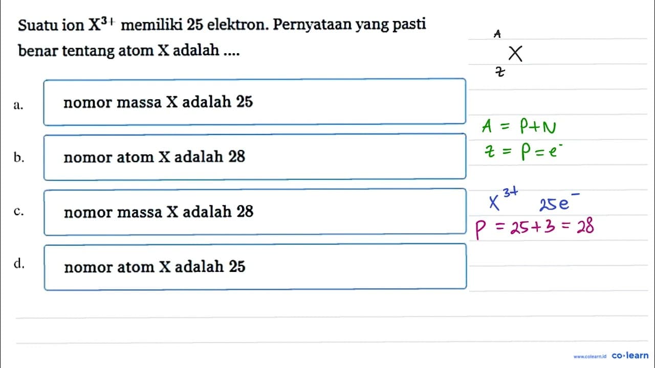 Suatu ion X^(3+) memiliki 25 elektron. Pernyataan yang