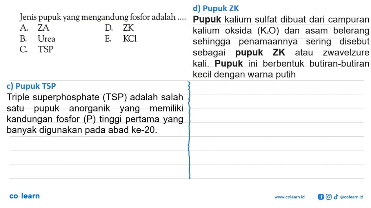 Jenis pupuk yang mengandung fosfor adalah ....