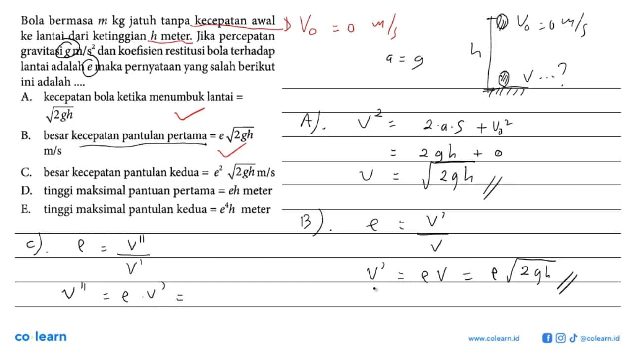 Bola bermasa m kg jatuh tanpa kecepatan awal ke lantai dari