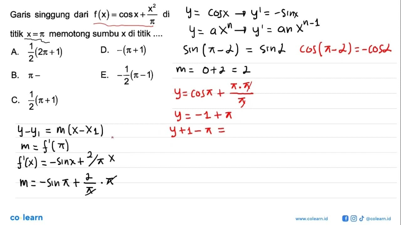 Garis singgung dari f(x) = cosx + x^2/pi di titik x=pi