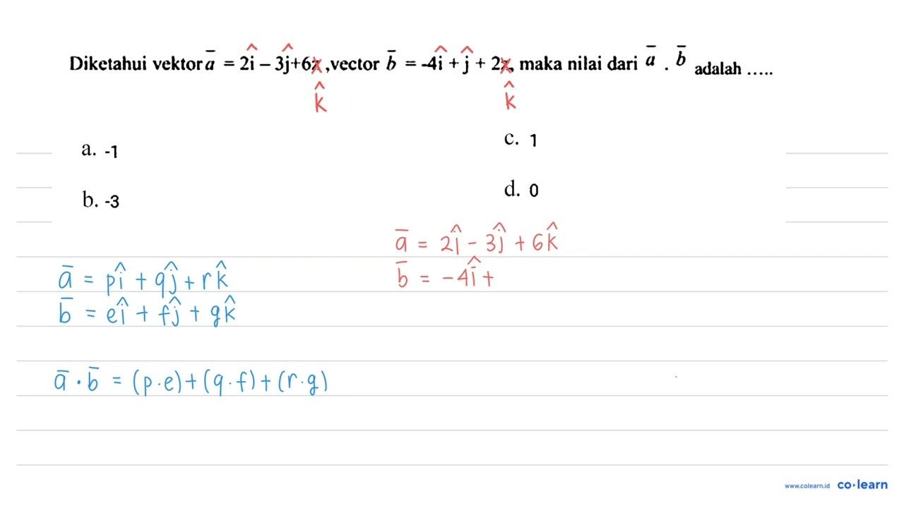 Diketahui vektor a = 2i - 3j + 6z, vektor b = 4i + j + 2z,