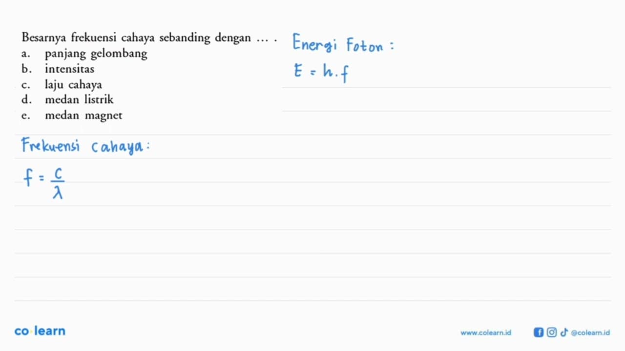 Besarnya frekuensi cahaya sebanding dengan.... a. panjang