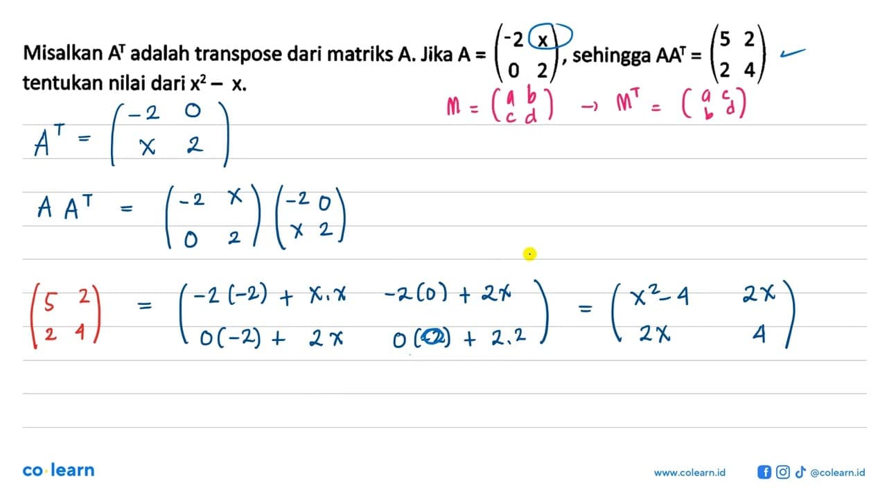 Misalkan A^T adalah transpose dari matriks A. Jika A =(-2 x