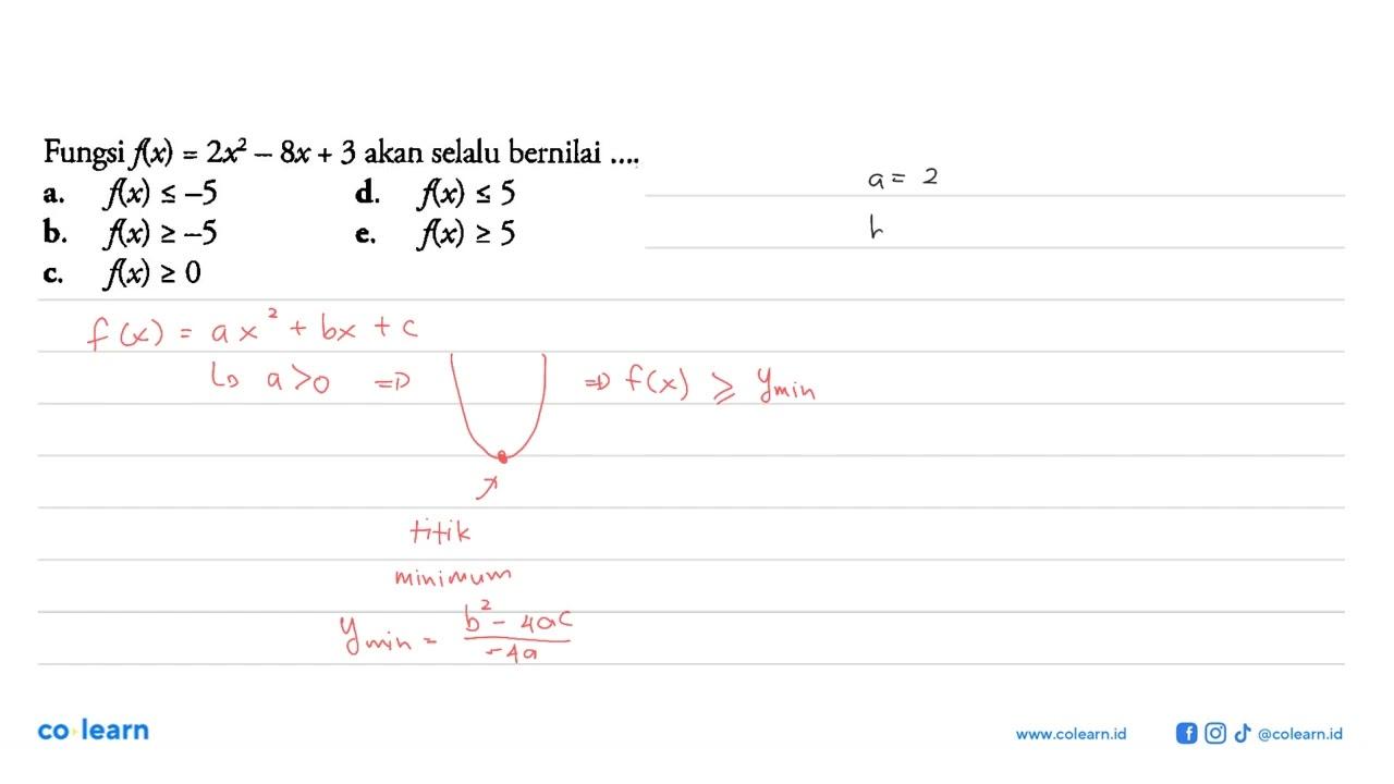 Fungsi f(x)=2x^2-8x+3 akan selalu bernilai ....