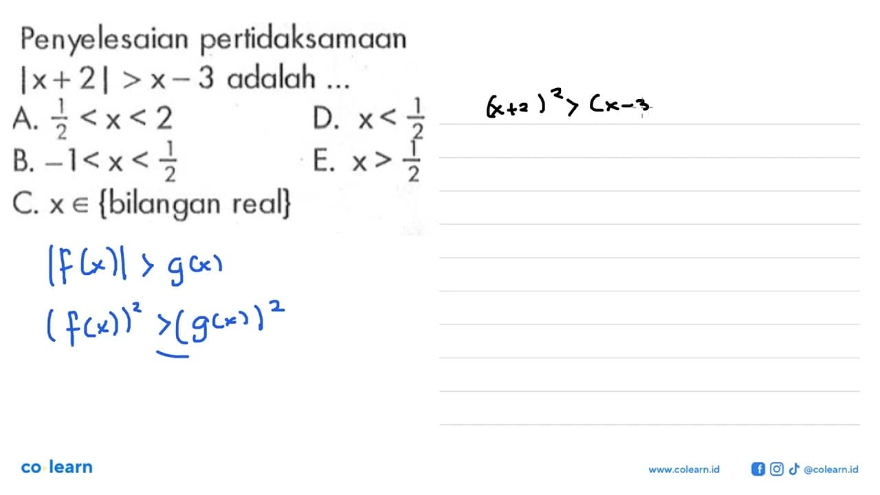 Penyelesaian pertidaksamaan |x+2|>x-3 adalah ....