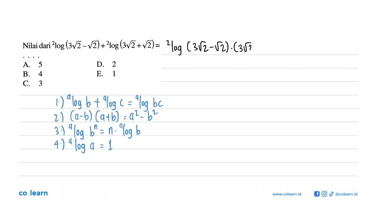 Nilai dari 2 log (3 akar(2)-akar(2))+2 log (3