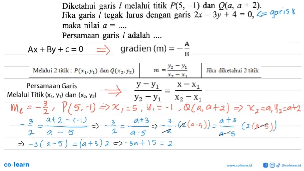 Diketahui garis l melalui titik P(5, -1) dan Q(a, a+2).