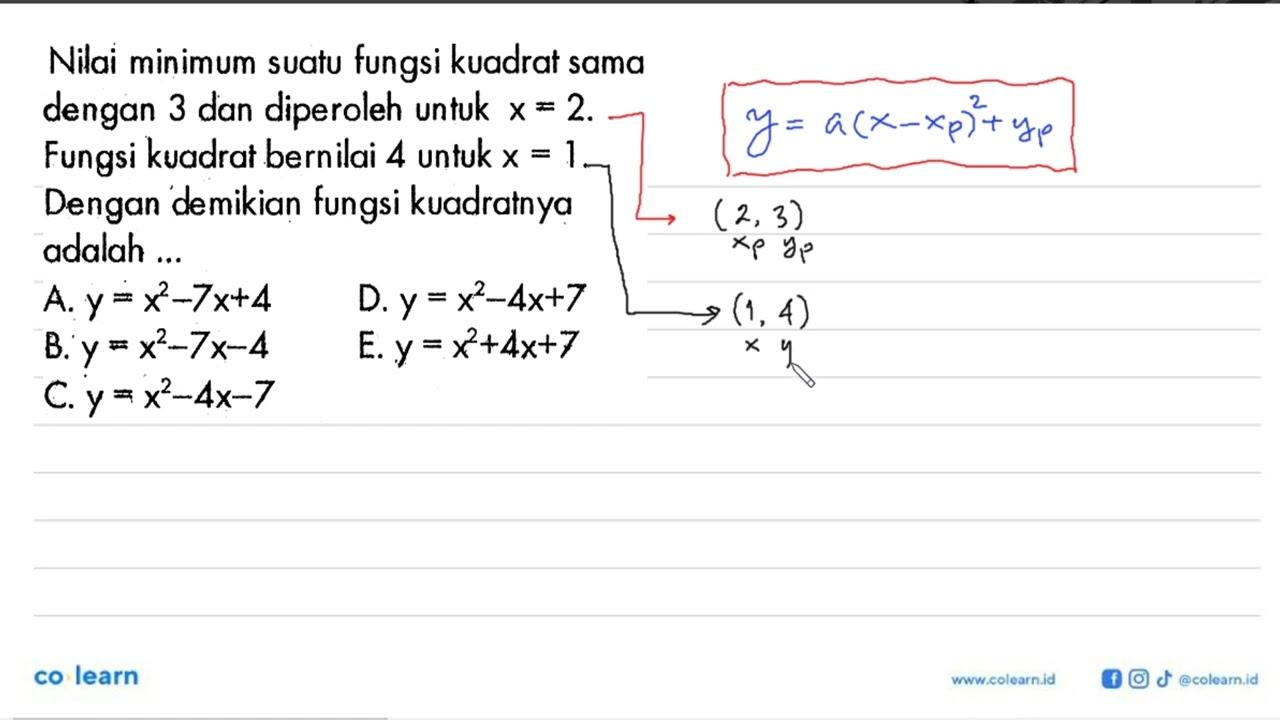 Nilai minimum suatu fungsi kuadrat sama dengan 3 dan