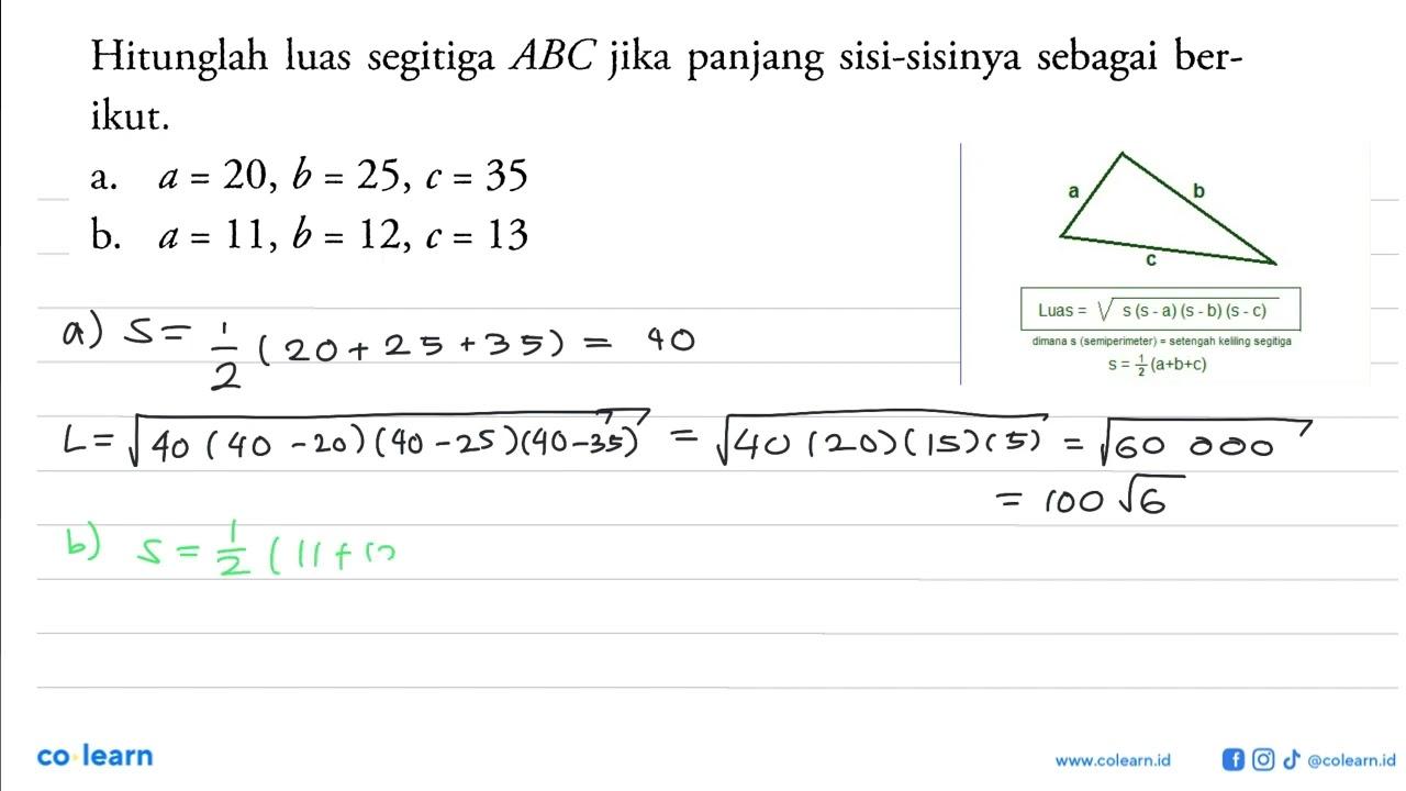Hitunglah luas segitiga ABC jika panjang sisi-sisinya