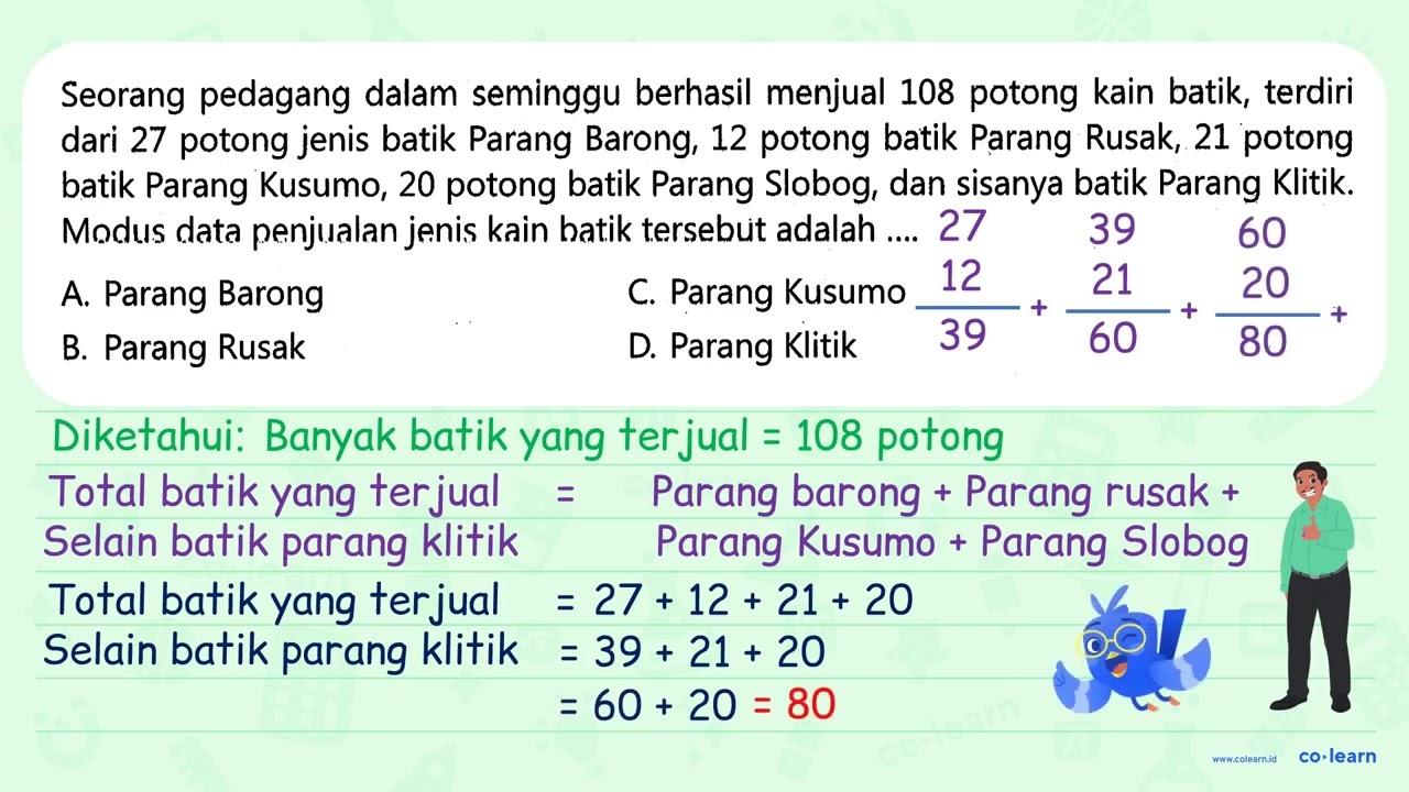 Seorang pedagang dalam seminggu berhasil menjual 108 potong