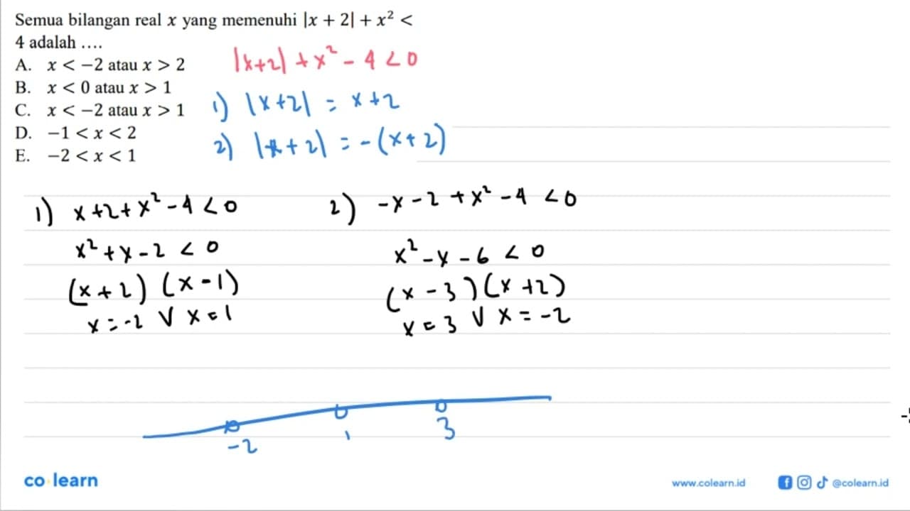 Semua bilangan real x yang memenuhi |x+2|+x^2<4 adalah ....