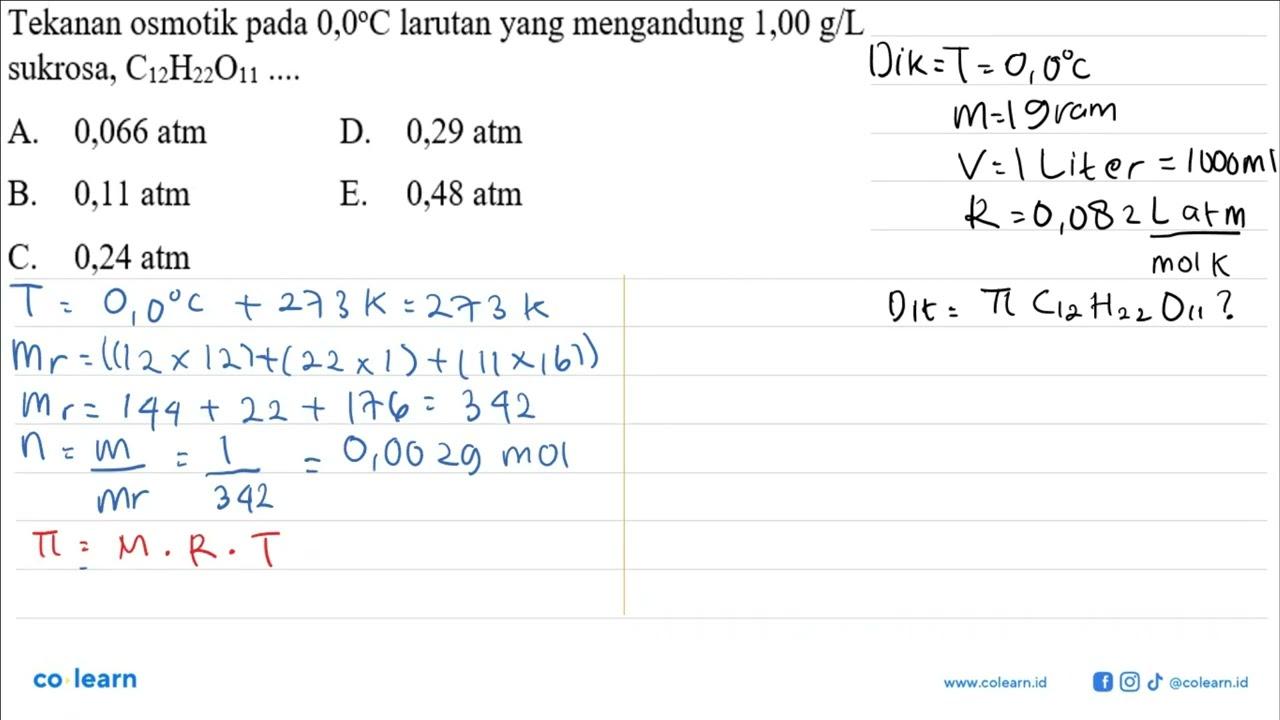 Tekanan osmotik pada 0,0 C larutan yang mengandung 1,00 g/L