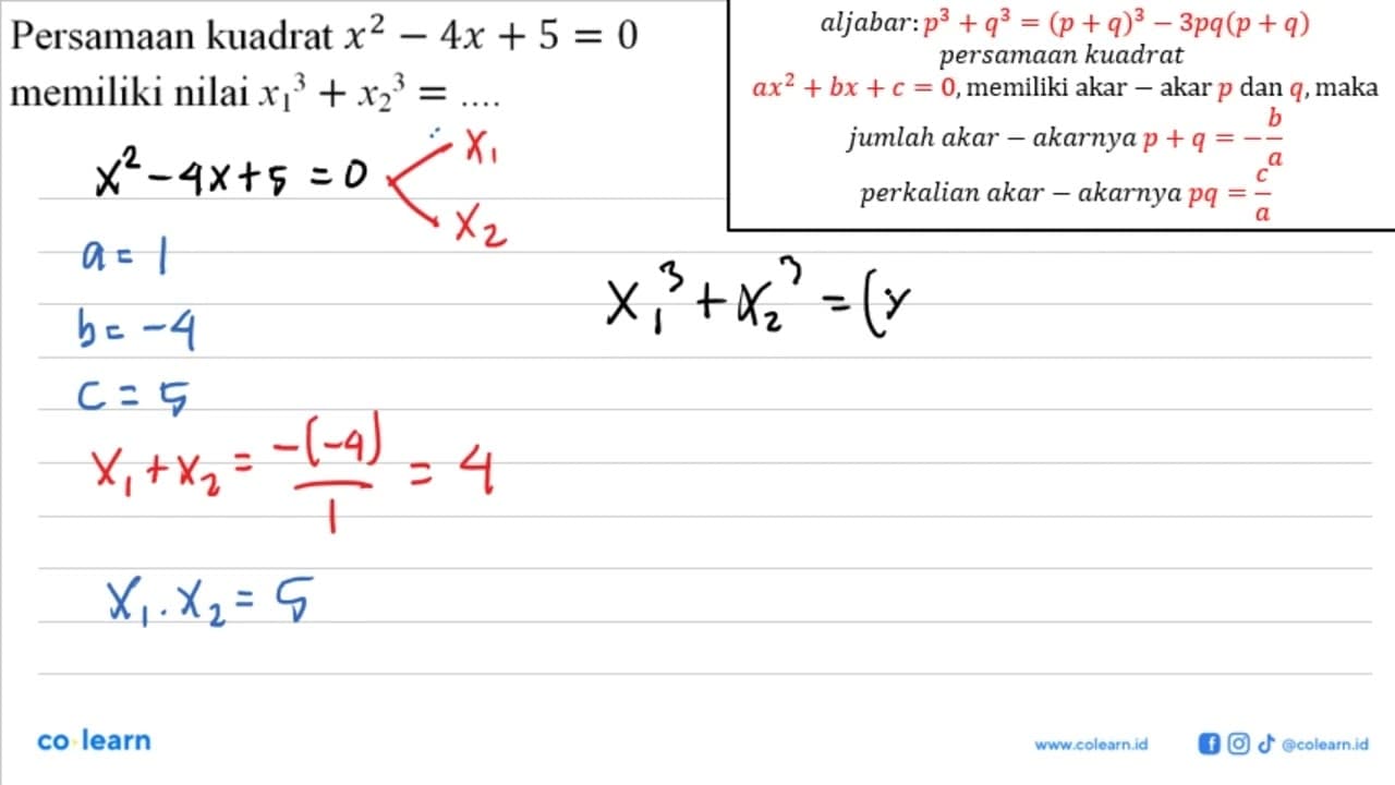 Persamaan kuadrat x^2 - 4x + 5 = 0 memiliki nilai (x1)^3 +