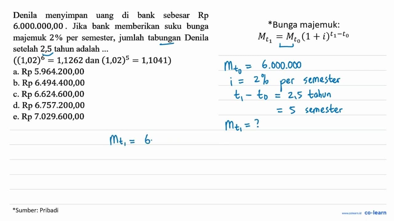 Denila menyimpan uang di bank sebesar Rp 6.000.000,00. Jika