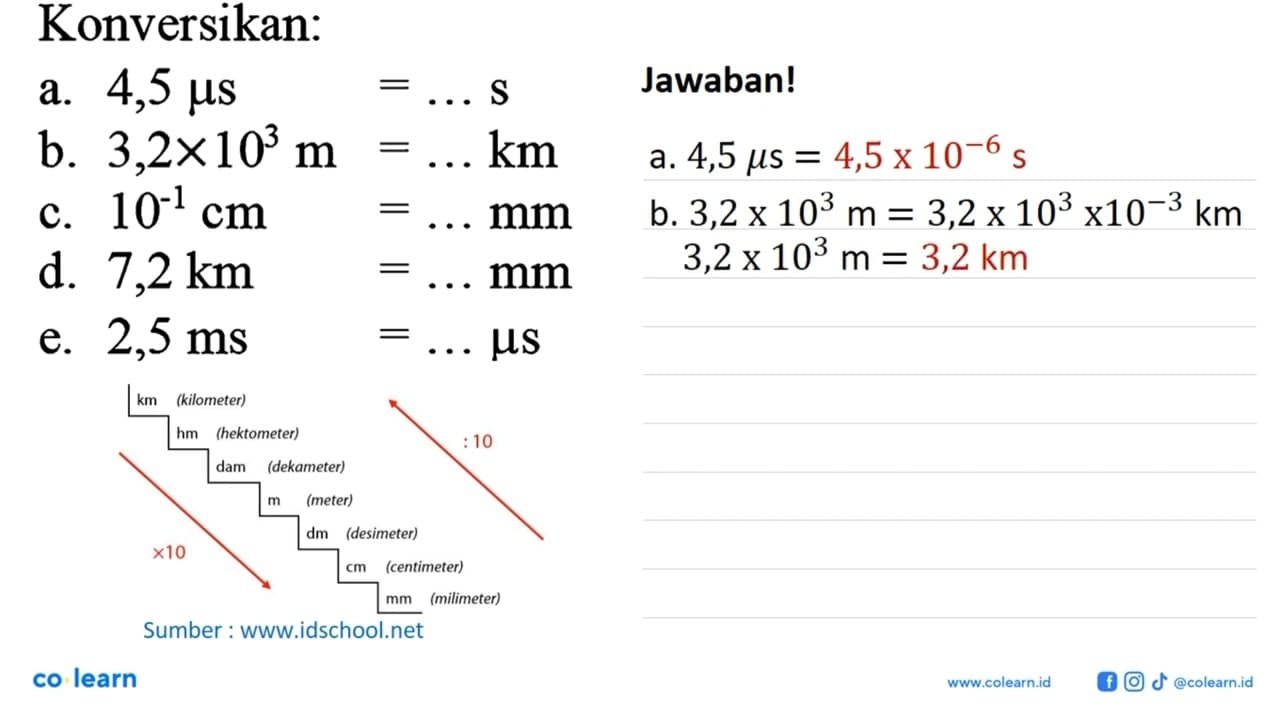 Konversikan: a. 4,5 mu s = ... s b. 3,2 x 10^3 m = ... km