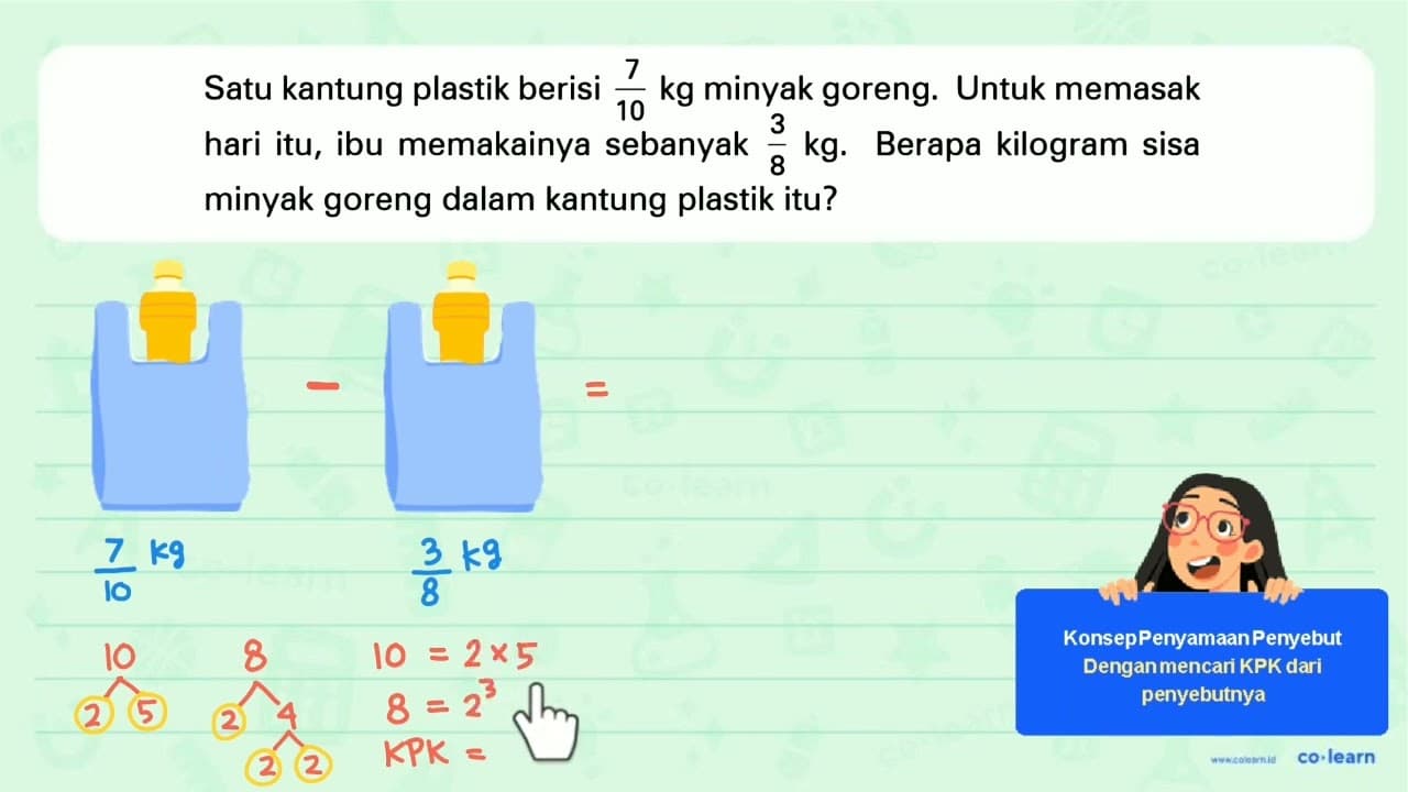 Satu kantung plastik berisi 7/10 kg minyak goreng. Untuk