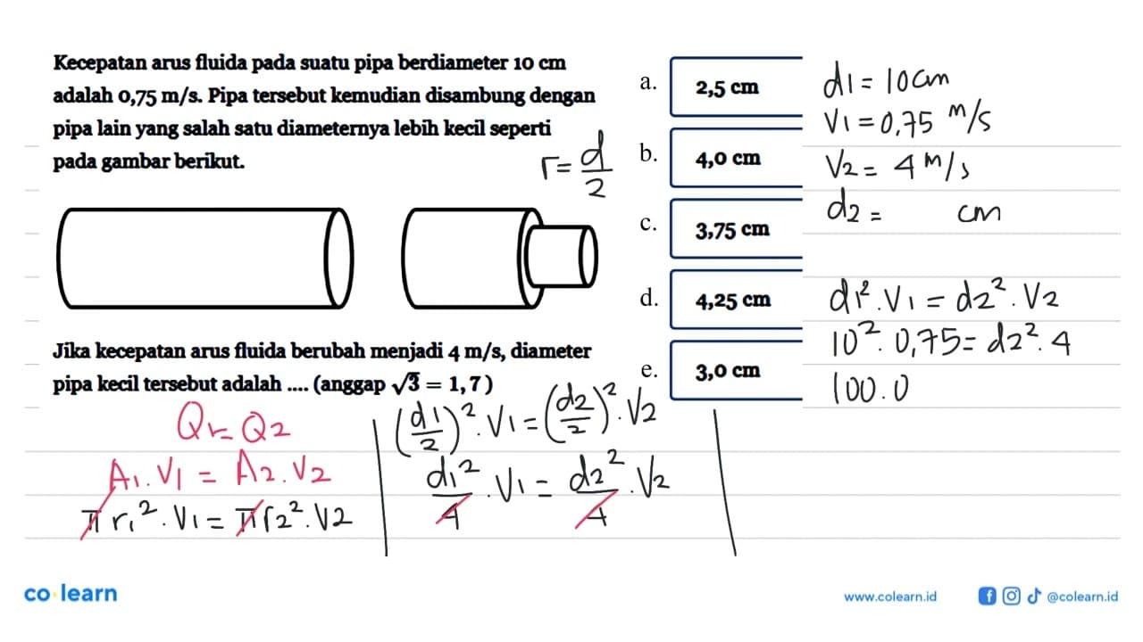 Kecepatan arus fluida pada suatu pipa berdiameter 10 cm