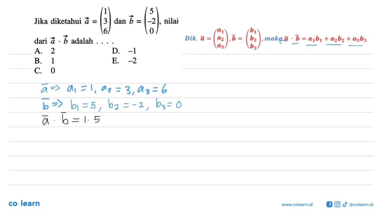 Jika diketahui vektor a=(1 3 6) dan vektor b=(5 -2 0),