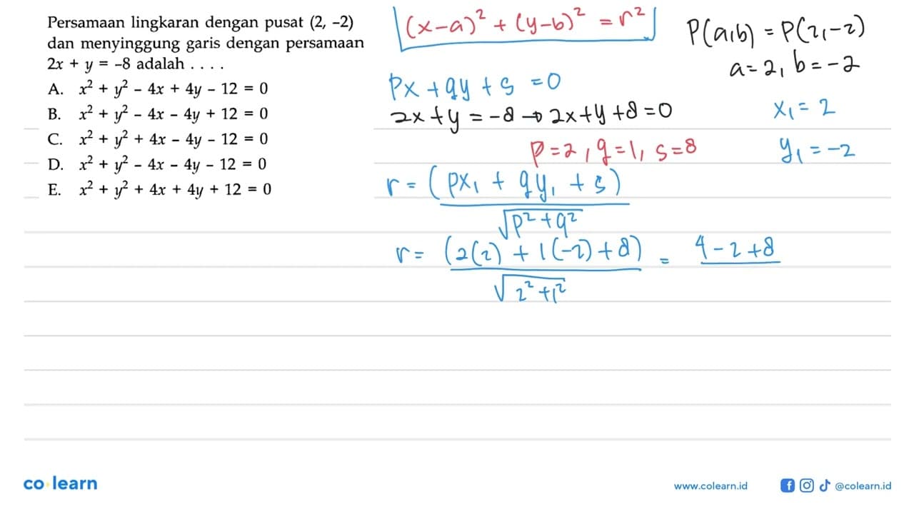 Persamaan lingkaran dengan pusat (2,-2) dan menyinggung