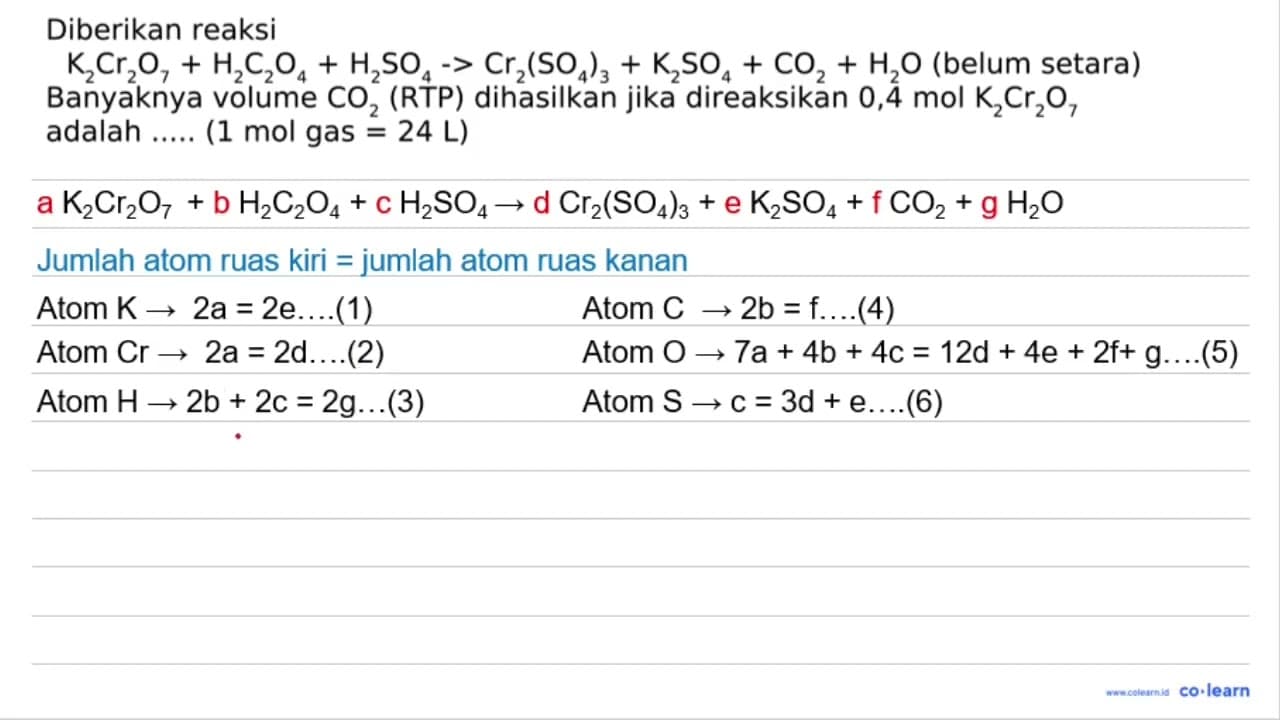 Diberikan reaksi K2Cr2O7+H2C2O4+H2