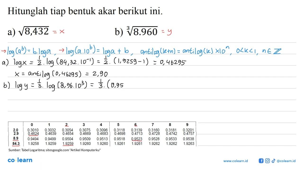 Hitunglah tiap bentuk akar berikut ini. a) akar(8,432) b)