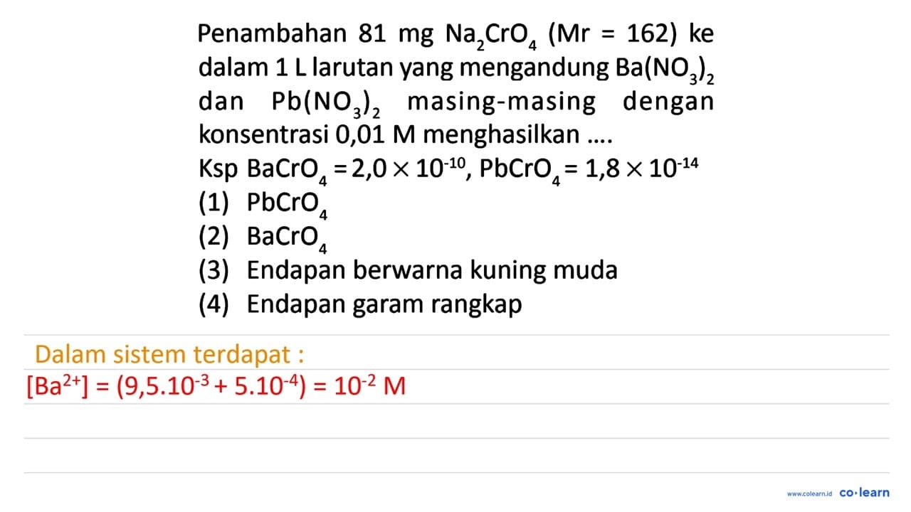 Penambahan 81 mg Na2 CrO4(Mr=162) ke dalam 1 L larutan yang