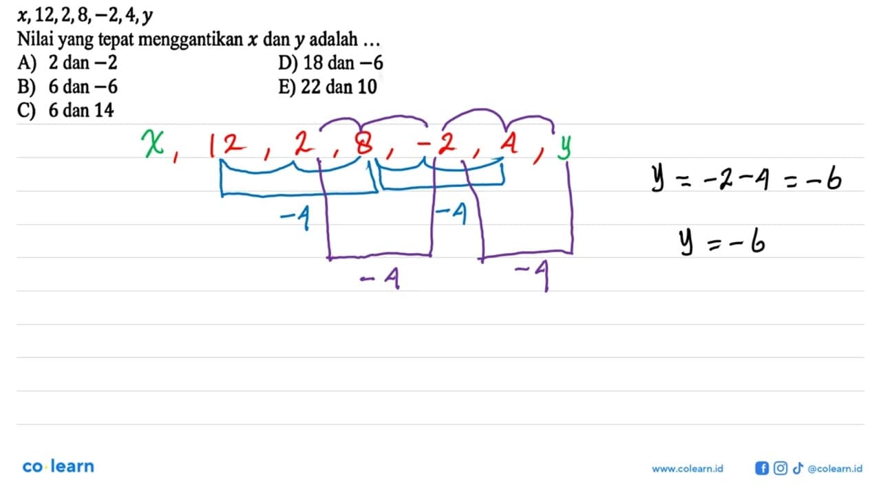 x,12, 2, 8, -2, 4, y Nilai yang tepat menggantikan x dan y