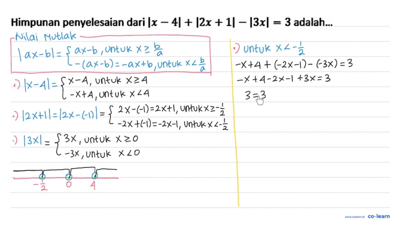 Himpunan penyelesaian dari |x-4|+|2 x+1|-|3 x|=3 adalah...