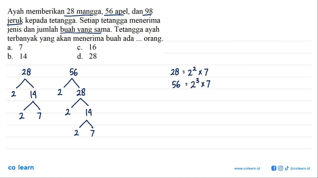 Ayah memberikan 28 mangga, 56 apel, dan 98 jeruk kepada