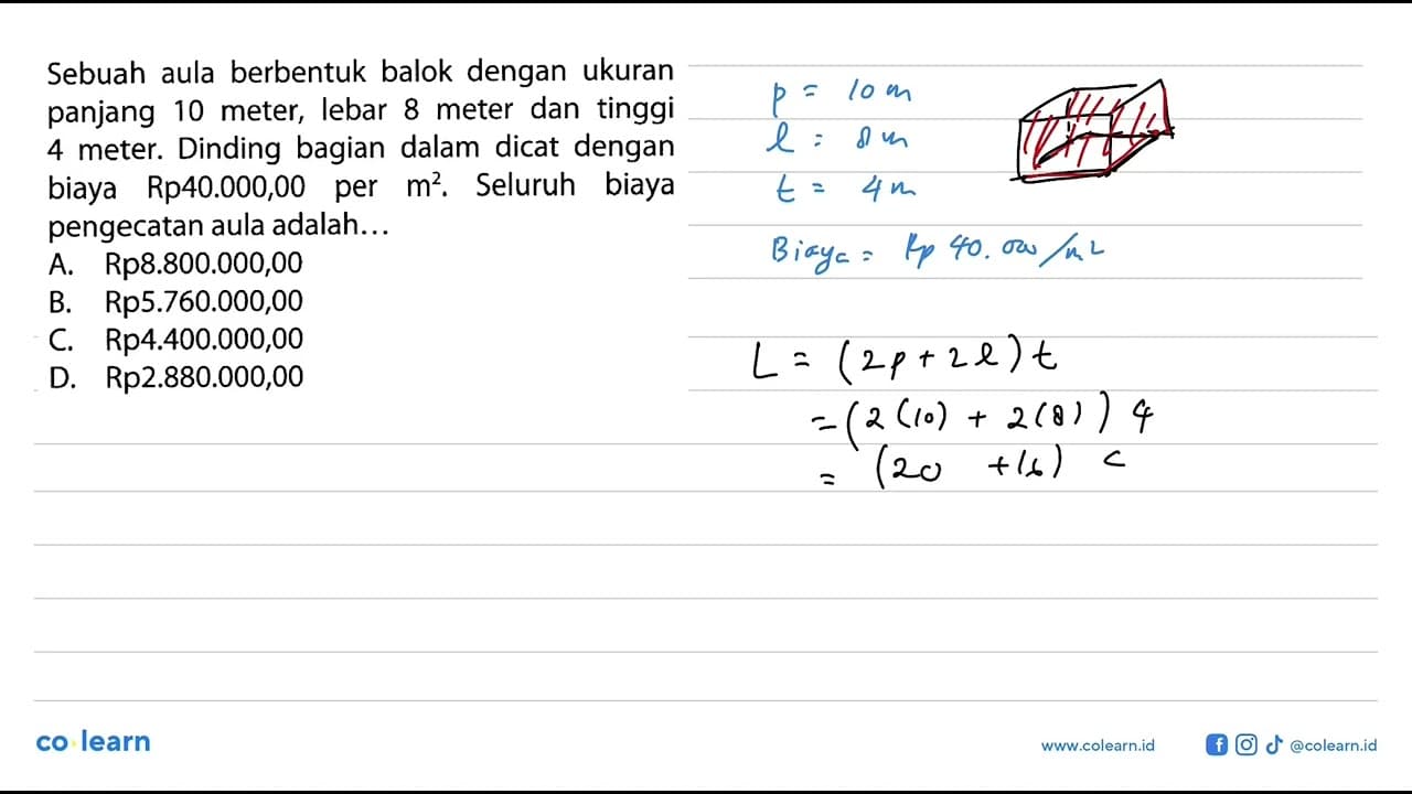 Sebuah aula berbentuk balok dengan ukuran panjang 10 meter,