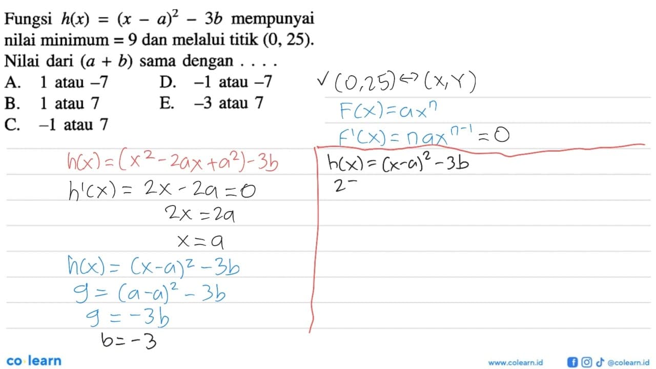 Fungsi h(x)=(x-a)^2-3b mempunyai nilai minimum=9 dan