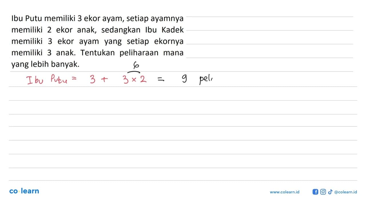 Ibu Putu memiliki 3 ekor ayam, setiap ayamnya memiliki 2