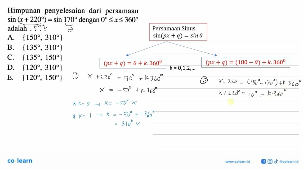 Himpunan penyelesaian dari persamaan sin(x+220)=sin 170