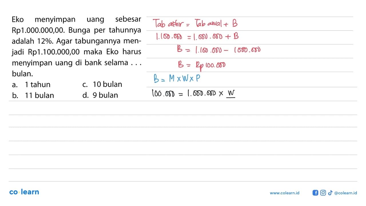 Eko menyimpan uang sebesar Rp1.000.000,00. Bunga per