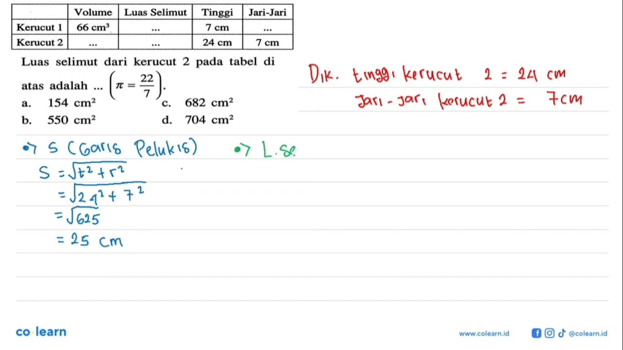 Volume Luas Selimut Tinggi Jari-Jari Kerucut 1 66 cm^3 ...